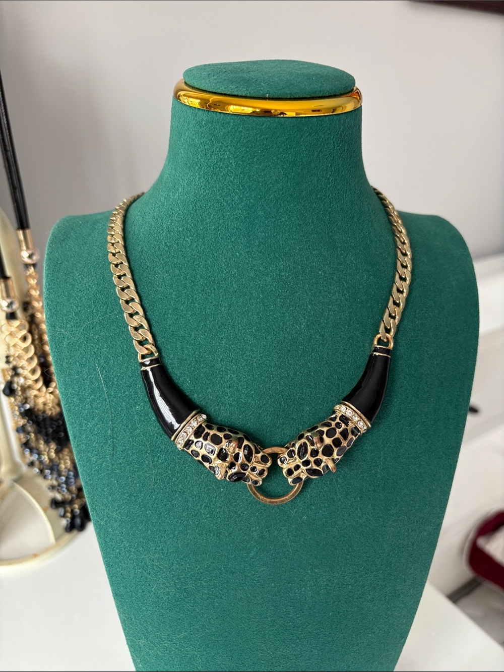 Gold and Black Leopard Panther Head Statement Necklace